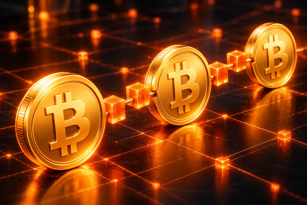 Gouden bitcoinmunten verbonden in een blockchain