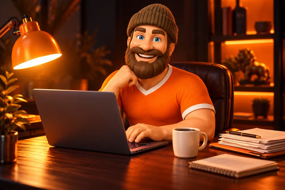 Mascotte aan een bureau met laptop