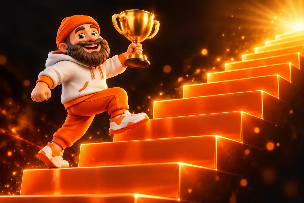 Mascotte loopt een oranje trap op met een trofee