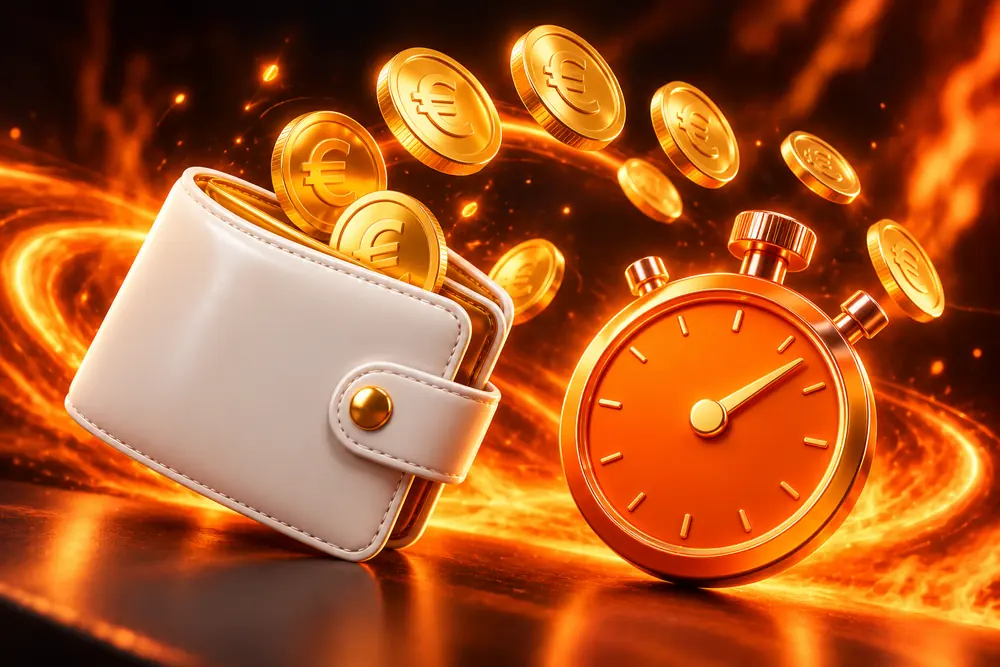 Portemonnee met vliegende munten en een stopwatch